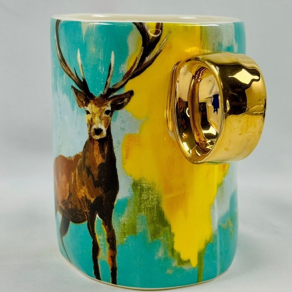 Anthropologie Deer Mug Gold Handle Teal Yellow Lauren Walcott Pen Holder READ